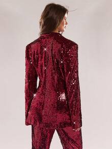 SHEIN BAE Autumn/Winter New High-End Shiny Sequin Blazer Jacket, Elegant Lady Long Sleeve Suit Top, Women's For Concerts, Music Festivals, Parties - Burgundy - View 2