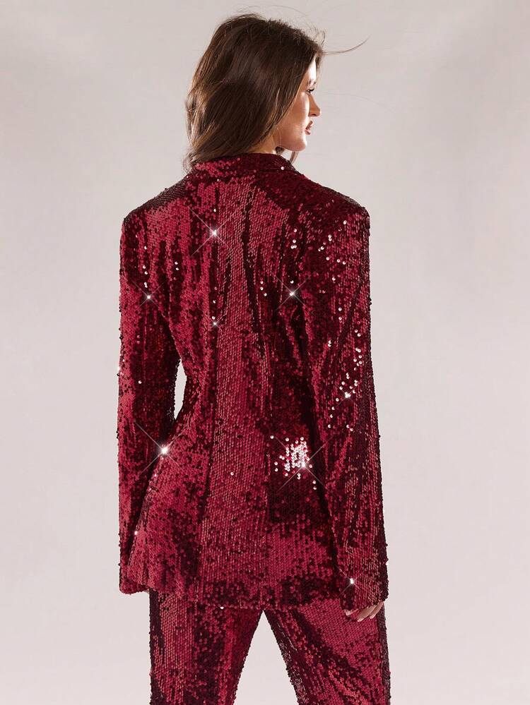 SHEIN BAE Nuova giacca blazer di alta gamma con paillettes luccicanti per l'autunno/inverno, elegante top da tailleur con maniche lunghe, adatto per donne in concerti, festival musicali, feste - Bordò - Visualizzare 2
