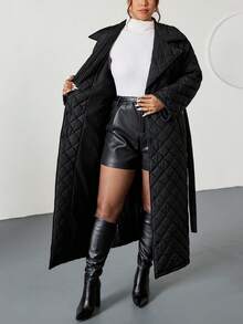 Firerie Abrigo acolchado de unicolor simple para uso diario y casual con cuello de solapa y cinturón de amarre para mujer talla grande, invierno - Negro - Ver 8