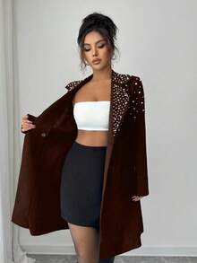 Elenzga Manteau pour femmes avec décoration de perles, croisé, design cintré à la taille, élégant pour le quotidien, les trajets, le style casual, la mode, le style de rue français, le vintage, les fêtes, les affaires, noir, manches longues, automne/hiver - Tabac - Voir 8