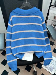 Lyxana Sweater Longgar Kasual Bergaris untuk Wanita, Musim Gugur/Dingin - Biru - View 2