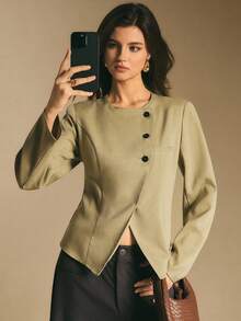 Poéselle 女士绿色西装外套，不对称纽扣门襟西装外套，单排扣长袖休闲西装外套，适合秋冬季新年休闲穿着 - 綠色 - 查看 2