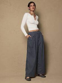 SHEIN VCAY Plus Size Striped Casual Pants Stripe Pants Women Wide Leg Pants Western - Blue and White - View 5