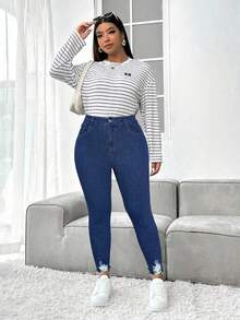 SHEIN ICON 大码做旧修身水洗牛仔裤 - 深色水洗藍 - 查看 5