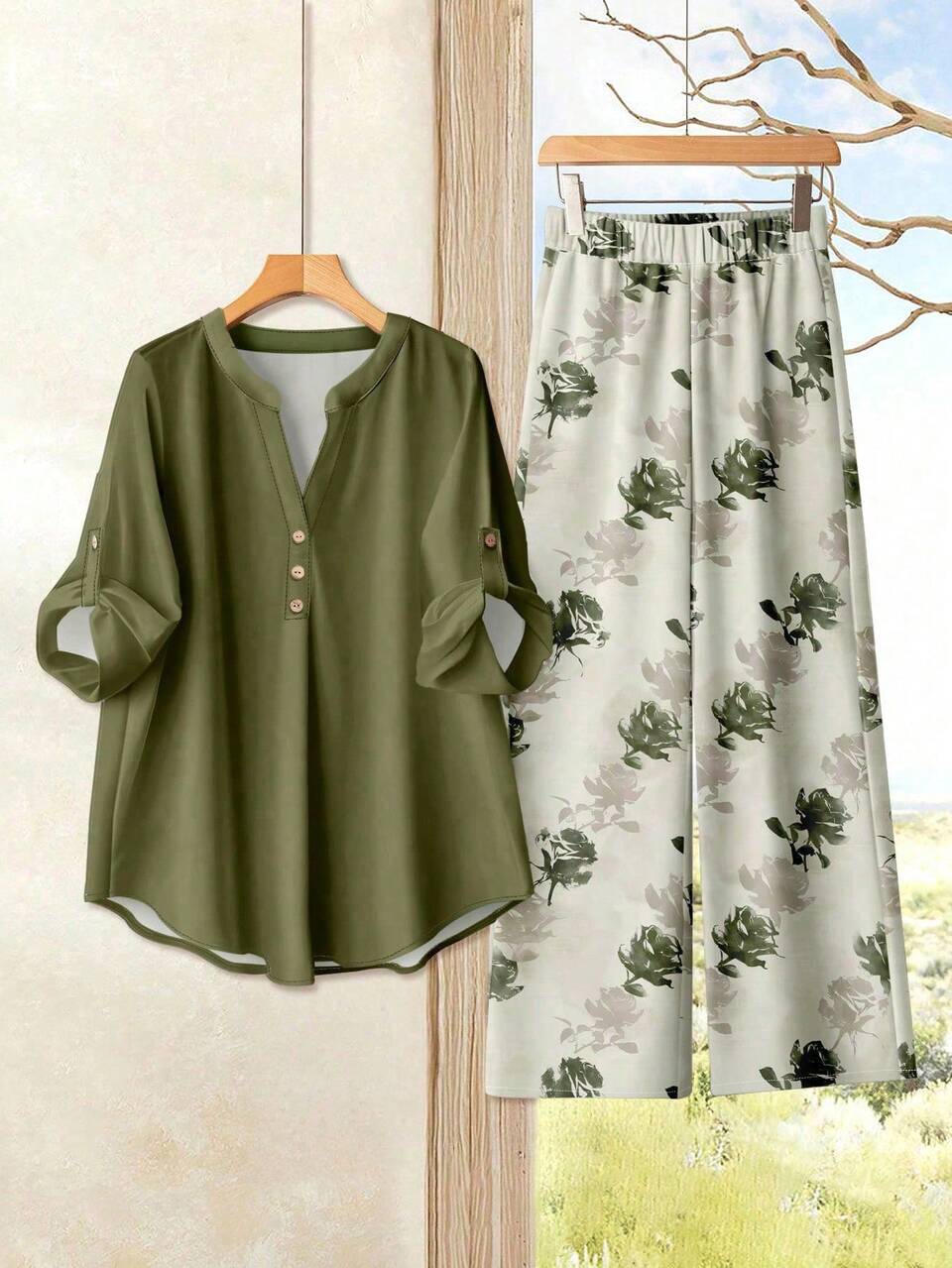 Casual Women's Two-Piece Suit, Cutaway Top And Plant Print Pants, Women's Autumn And Winter Two-Piece Suit, Women's Plus Size Clothing Suit, Women's Casual Suit 2-Piece Suit, Women's Plus Size Long-Sleeved Floral Pants Suit Autumn Clothing