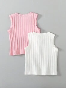 Sweetra 2件装 心形刺绣镂空圆领罗纹背心 适合年轻女孩 - 粉色 - 查看 8