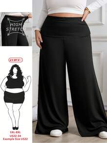 SHEIN CURVE+ 大码女式纯色翻边腰阔腿宽松休闲裤黑色喇叭裤女式阔腿裤喇叭裤阔腿裤女式黑色阔腿裤，秋季女装 - 黑色 - 查看 1