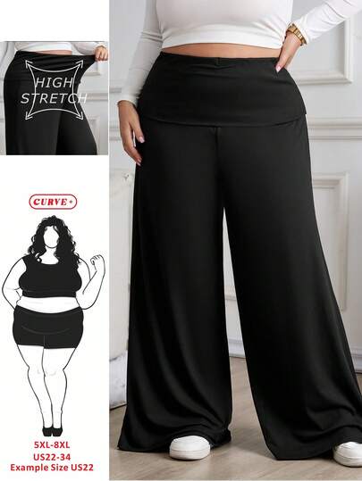 Plus Size Women's Solid Color Fold-Over Waist Wide Leg Loose Casual Pants Black Flare Pants Women Wide Leg Pants Flared Pants Palazzo Pants Women Black Wide Leg Pants,Fall Clothes For Women/Winter