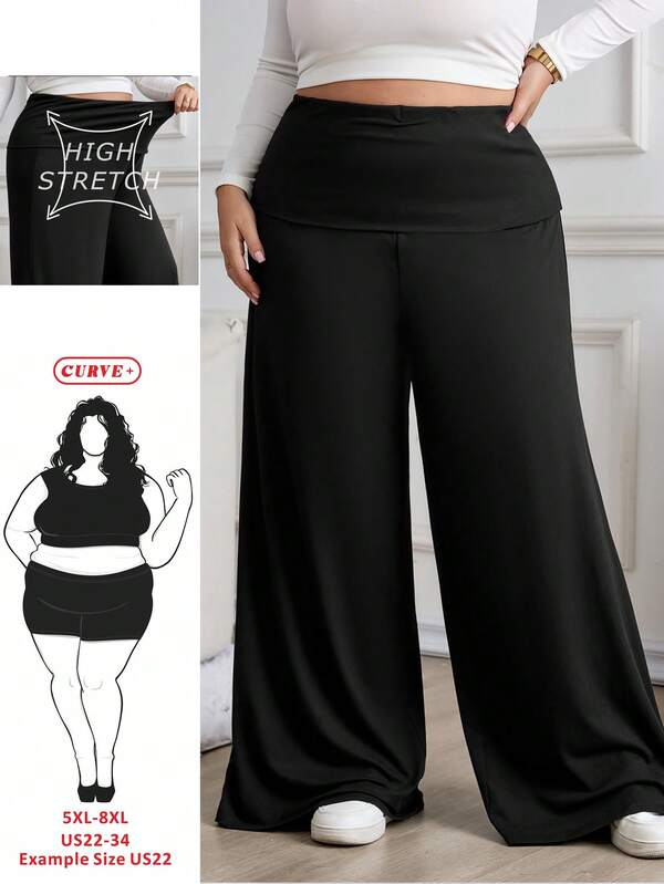 SHEIN CURVE+ 大码女式纯色翻边腰阔腿宽松休闲裤黑色喇叭裤女式阔腿裤喇叭裤阔腿裤女式黑色阔腿裤，秋季女装