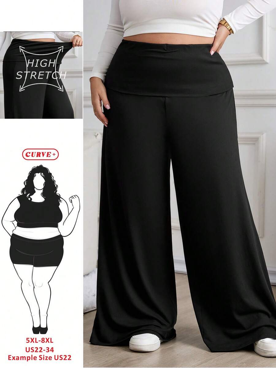 SHEIN CURVE+ 大码女式纯色翻边腰阔腿宽松休闲裤黑色喇叭裤女式阔腿裤喇叭裤阔腿裤女式黑色阔腿裤，秋季女装 - 黑色 - 查看 1