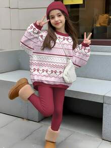 SHEIN Set de 2 piezas de sudadera con cuello redondo y leggings con estampado de lazo, floral y geométrico, informal y lindo para niñas preadolescentes, adecuado para otoño/invierno - Multicolor - Ver 1