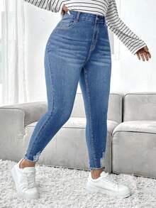 SHEIN ICON Plus Size Casual Distressed Slim Fit Denim Jeans - Medium Wash - View 6