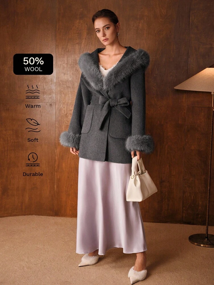 WOOL BELTED CONTRAST FAUX FUR OVERCOAT