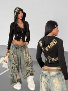 StreetHx 女式朋克风格仿金箔印花双拉链运动衫 - 黑色 - 查看 1