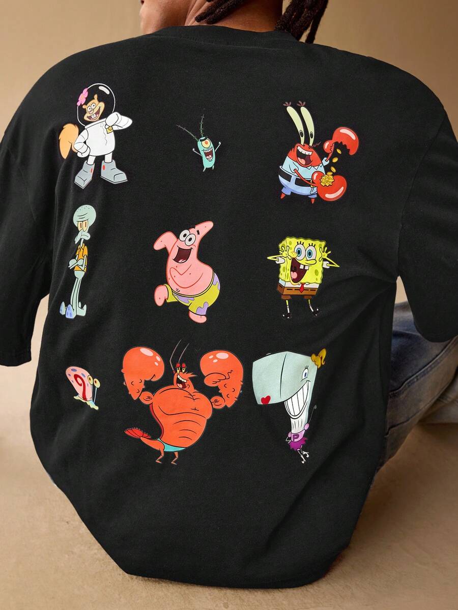 SpongeBob SquarePants | SHEIN Men's Casual Cartoon Pattern Round Neck Short Sleeve T-Shirt, Autumn - Black - View 1