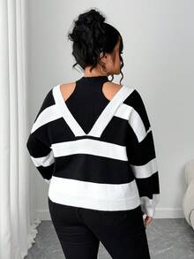 Elenzga Áo len chui đầu rộng rãi thời trang thường ngày hở vai cỡ lớn - Đen và trắng - Xem 2