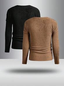 Manfinity VCAY 2pcs/Set Men's Loose Fit V-Neck Long Sleeve Knit T-Shirts, Suitable For Autumn