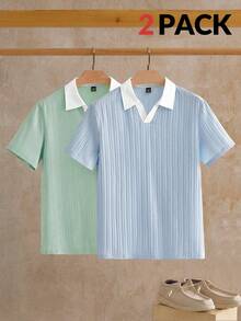 EASEVO Plus Size Men's Summer Casual Contrast Collar T-Shirt Set - Multicolor - View 1