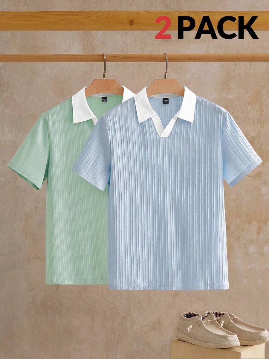 EASEVO Plus Size Men's Summer Casual Contrast Collar T-Shirt Set - Multicolor - View 1