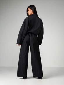 MISSGUIDED Bubble Hem Collared Two Piece Coord Set With Belt Detail Wide Leg Palazzo Pants - Black - View 2