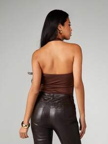 MISSGUIDED Asymmetric Halter Neck Bodysuit With Metal Ring Detail For Women Fall Winter Fashion - Coffee Brown - View 2
