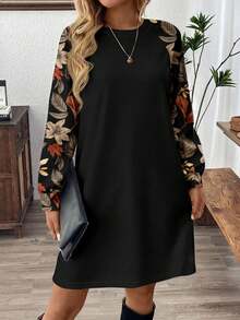 EMERY ROSE Women's Floral & Maple Leaf Print Sweatshirt Dress, Suitable For Autumn/Winter - Multicolor - View 3