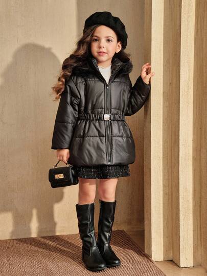 SHEIN Elladie kids 少女冬季休闲拼布人造毛皮连帽夹棉大衣（配腰带）