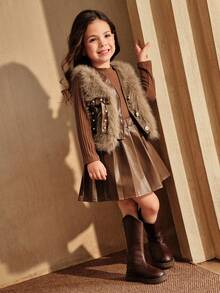 SHEIN Elladie kids 少女棕色针织长袖毛绒蝴蝶结串珠背心外套百褶裙3件套时尚可爱适合春秋冬装 - 鏽棕色 - 查看 4