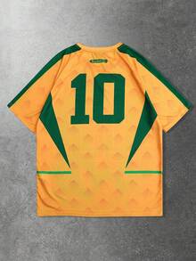 ROMWE MEN Prep 男士插肩袖圆领休闲创意人像图案百搭夏季足球印花短袖T恤 - 黃色 - 查看 4