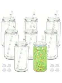 8 Pack 16 Oz Double Wall Snow Globe Tumblers, DIY Glitter Mason Jar Cups With Lid, Straw & Silicone Stopper - Handwash, BPA & PVC Free, Lightweight Plastic Water Bottles For Halloween & Thanksgiving - Multicolor - View 13