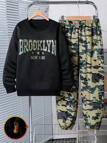 Vacaura Teen Boy Casual Letter Print Sweatshirt And Camouflage Cargo Pants Set, Autumn - Black - View 4