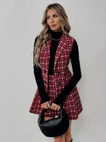 Elyressa Bộ vest và váy kẻ caro thời trang cho người đi làm - Màu Đỏ Sâu - Xem 5