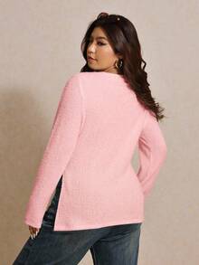 Elaquor Plus Size Casual Side Slit Solid Color Round Neck Regular Shoulder Long Sleeve T-Shirt Pink - Pink - View 2