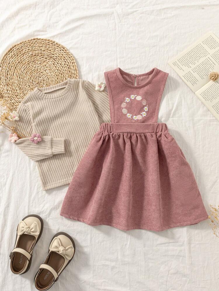SHEIN Vintaside Kids 2pcs/Set Young Girl Casual Floral Decor Top And Dress Set, Autumn - Pink - View 1