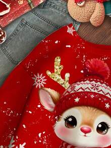 Tween Girl Red Autumn Cute Graphic Christmas Reindeer Snowflake Pattern Sweatshirt,Loose Fit Crew Neck Long Sleeve Birthday Festive Casual Top - Multicolor - View 4