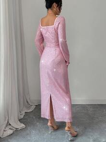 Elenzga Elegancka sukienka damska z kwadratowym dekoltem i cekinami, dopasowana w talii, z długim rękawem, z błyszczącego materiału, idealna na imprezę, jesień/zima - Różowy - Zobacz 2