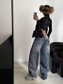 StreetHx 复古水洗低腰阔腿牛仔裤 - 深色水洗藍 - 查看 2