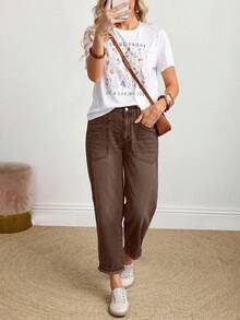 EMERY ROSE Quần jeans ống côn lưng thun co giãn giặt thường ngày cỡ lớn - Cà phê nâu - Xem 6