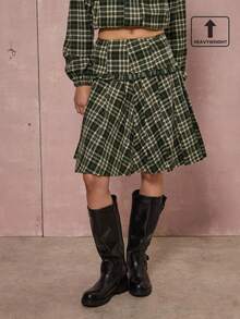 COUREZ Frill Insert Pleated Check Skirt /Y2K Fall Winter Clothes Going Out Outfit For Women Midi Skirt Winter Clothes Winter Skirt 2 Piece Cute Cottagecore Outfits