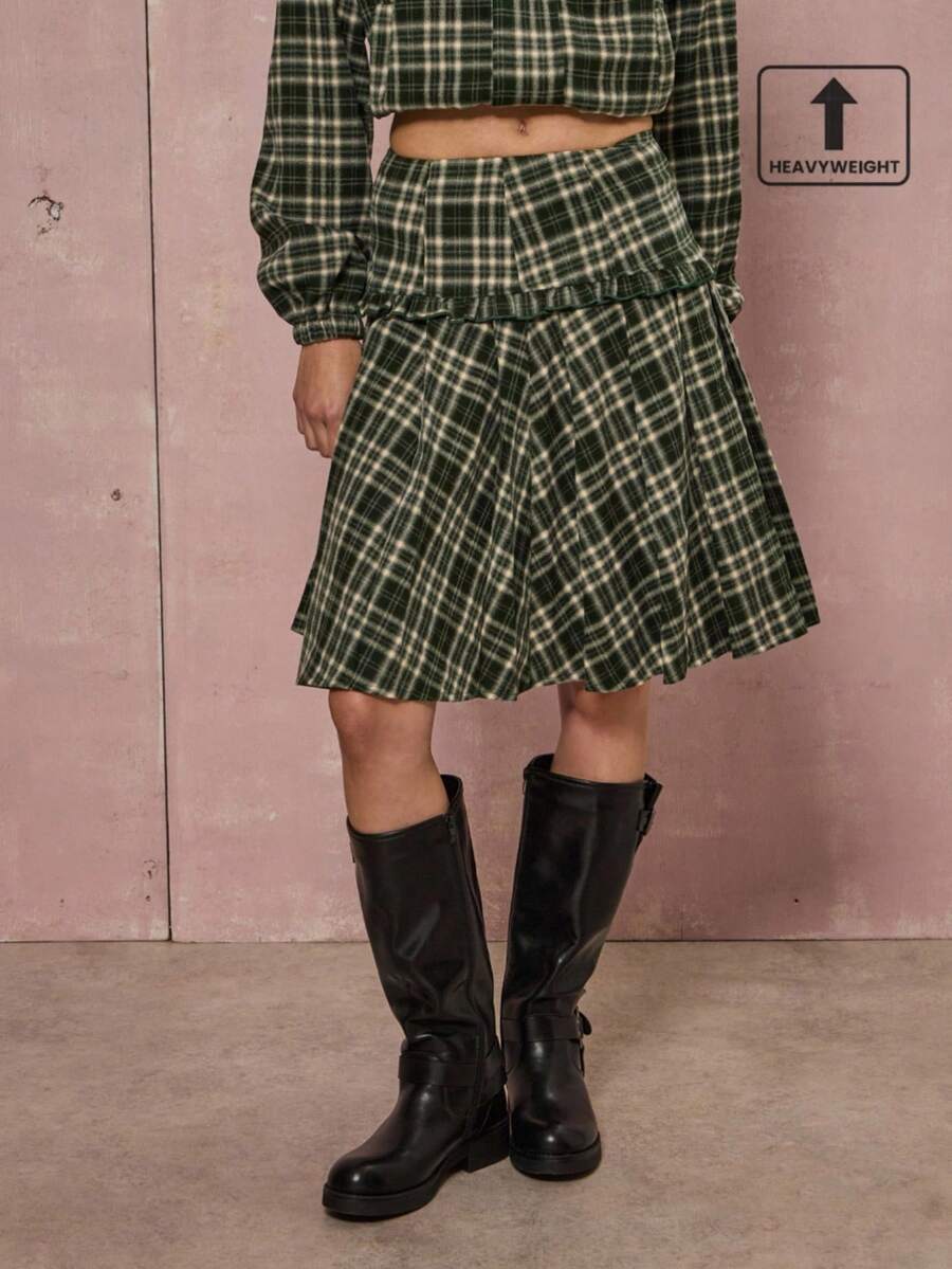 COUREZ Frill Insert Pleated Check Skirt /Y2K Fall Winter Clothes Going Out Outfit For Women Midi Skirt Winter Clothes Winter Skirt 2 Piece Cute Cottagecore Outfits