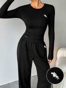 SHEIN Tall 2pcs Black Fitted Embroidered Knit Homewear Set For Women, Summer - Black - View 4