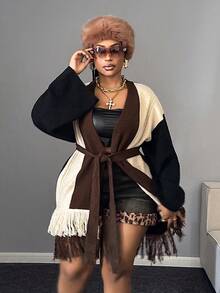 Maweii Women's Chocolate Brown Autumn Girlism Everyday Knitted Cardigan,Retro V-Neck Long Sleeve Tassel Color Block Waist Belt Plus Size Outerwear - Multicolor - View 6