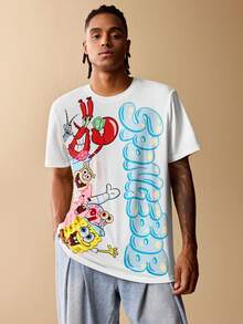 SpongeBob SquarePants | SHEIN 男士休闲日常通勤趣味可爱卡通字母印花短袖白色T恤，夏季 - 白色 - 查看 3
