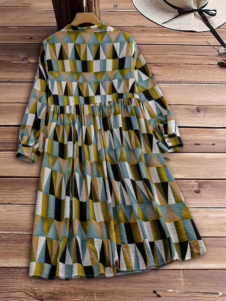 Plus Size Casual Geometric All-Over Print Button-Up Long Sleeve Dress, Autumn Winter Clothes For Women Winter Dress Beach Dress Casual Dress For Women  Floral Dress