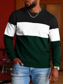 Manfinity Homme Plus Size Men's Casual Contrast Color Round Neck Loose Fit Sweater, Autumn/Winter