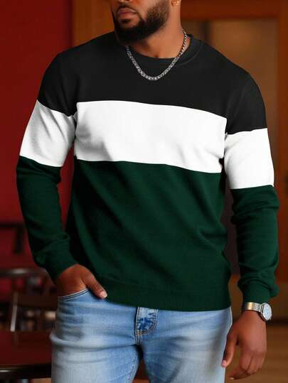 Manfinity Homme Plus Size Men's Casual Contrast Color Round Neck Loose Fit Sweater, Autumn/Winter