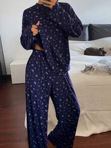 DAZY 碎花宽松舒适女士睡衣套装，秋冬服装 - 藏蓝色 - 查看 3