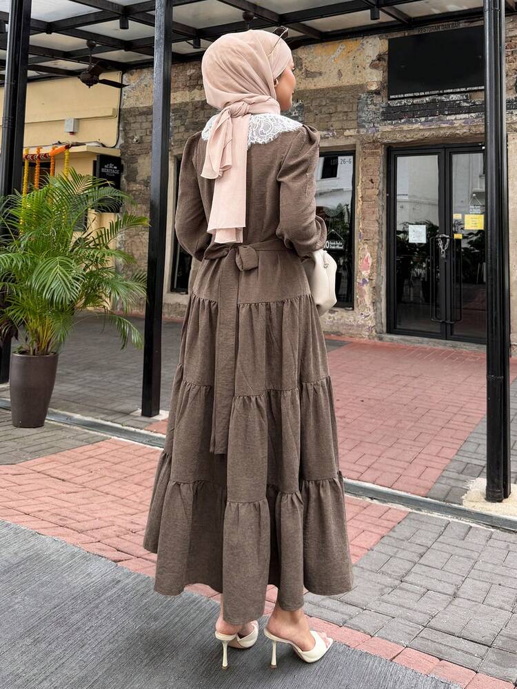 Women's Elegant French Lace Trim Midi Dress Modest Fashion