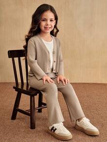 SHEIN Elladie kids 女童针织毛衣套装 - 长袖开衫 + 裤子，百搭时尚简约可爱，适合居家和旅行 - 卡其色 - 查看 6
