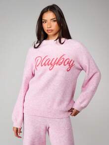 Missguided x Playboy Markierte Schrift Melange Strick Pullover Loungewear für Herbst und Winter